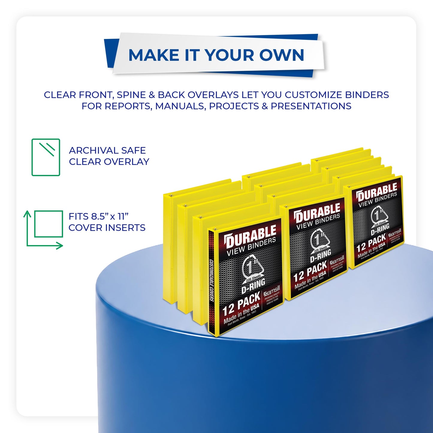 Samsill Durable 1 inch 3 Ring Binder, D Ring Binder, 100% Recycled Chipboard, Yellow, 12 Pack