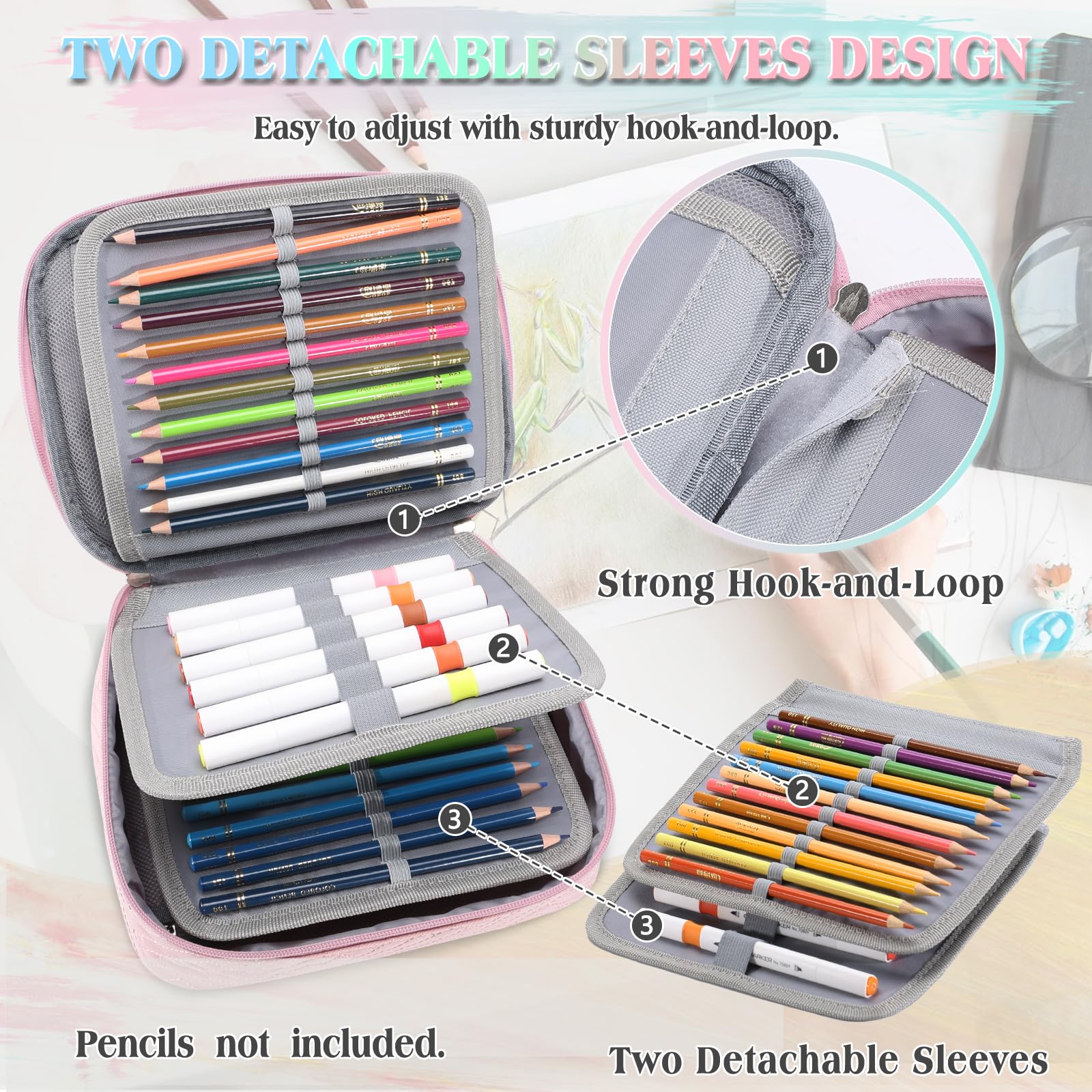 VX VONXURY Large Pencil Case, 54-Slot Colored Pen Pouch 2 Removable Sleeves