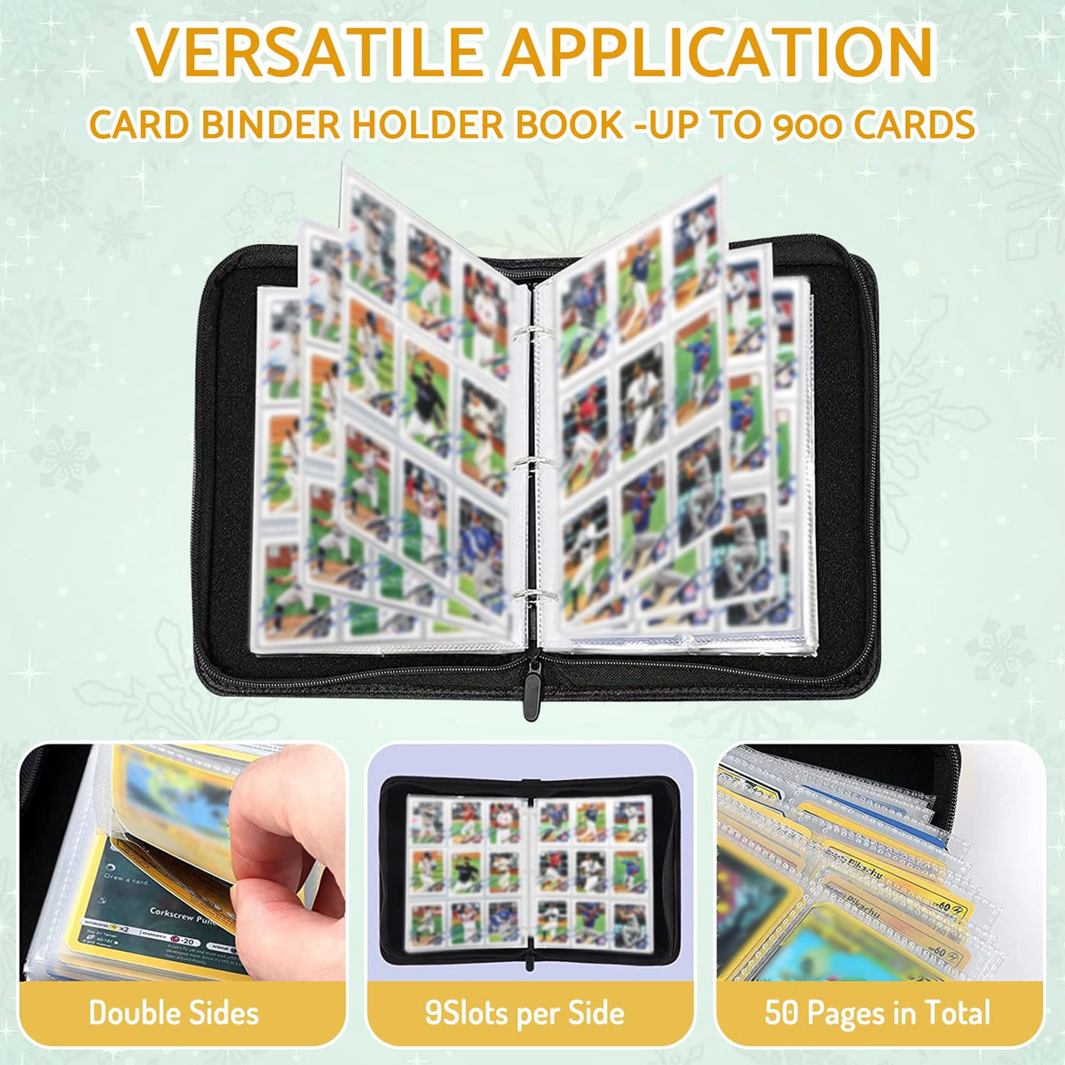 Football Card Binder,9-Pocket Book For 900 Cards,50 Removable Binders Football Binder,Football Card