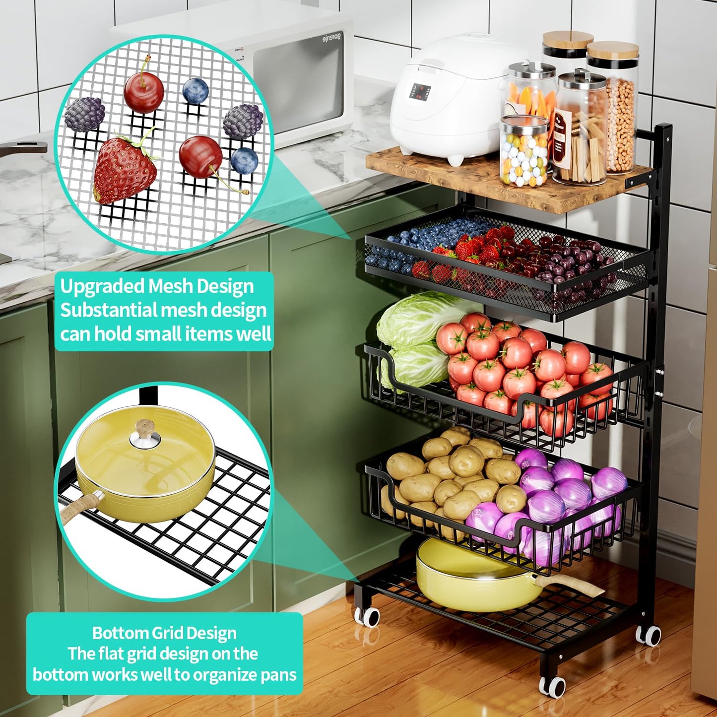 HapiRm Fruit Basket Kitchen Cart - Floor 5 Tier Adjustable Fruit and Vegetable Storage Rack, Large