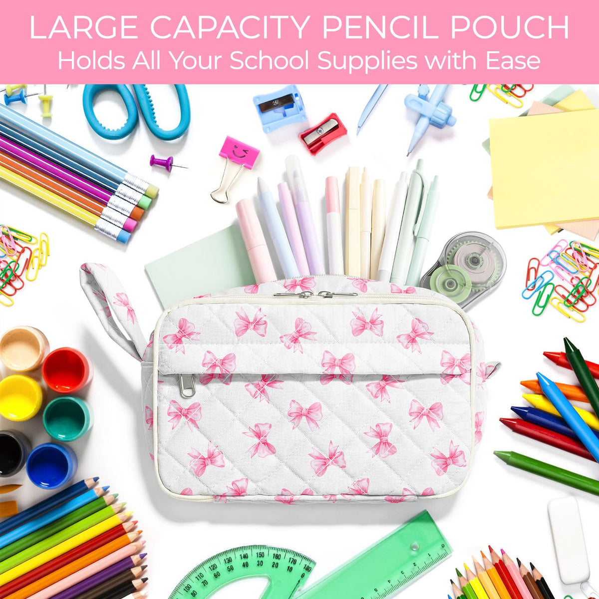 WOBAGMEN Quilted Pencil Pouch for Girls Women, Large Pencil Case Pouch with Compartments Cute