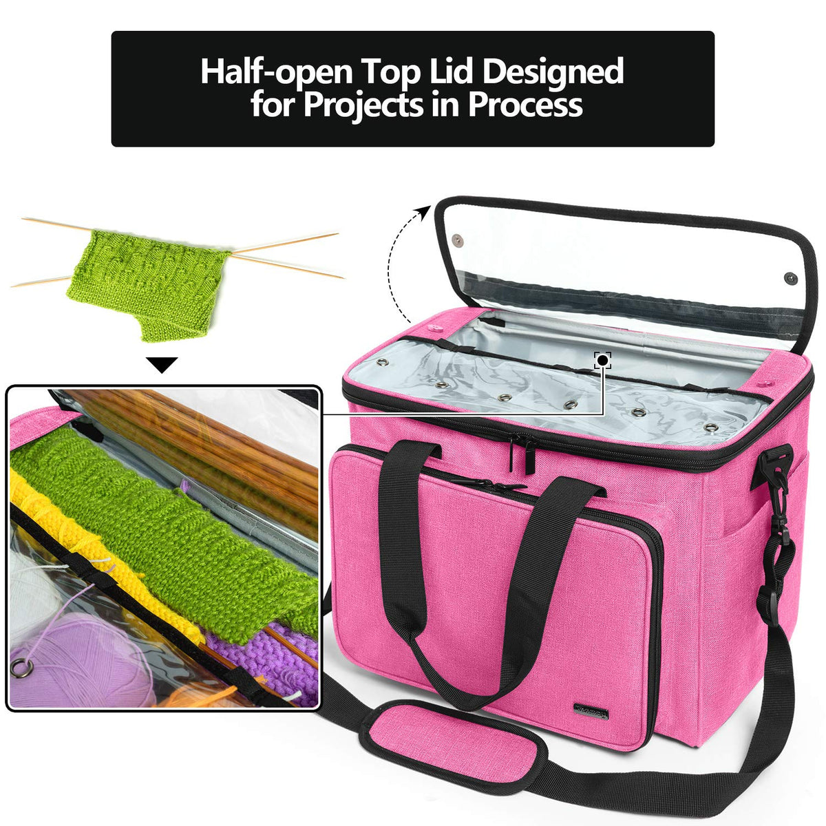 Teamoy Knitting Bag, Yarn Storage Organizer Crochet Bag Tote, Pink