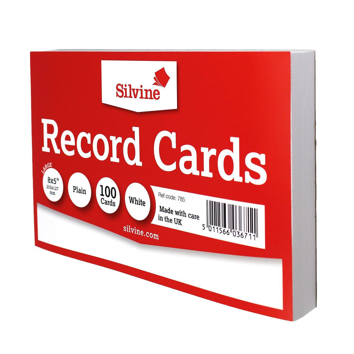 Silvine 8x5" White Record Cards - Plain, 100 cards per pack. Ref 785 (203 x 127mm)