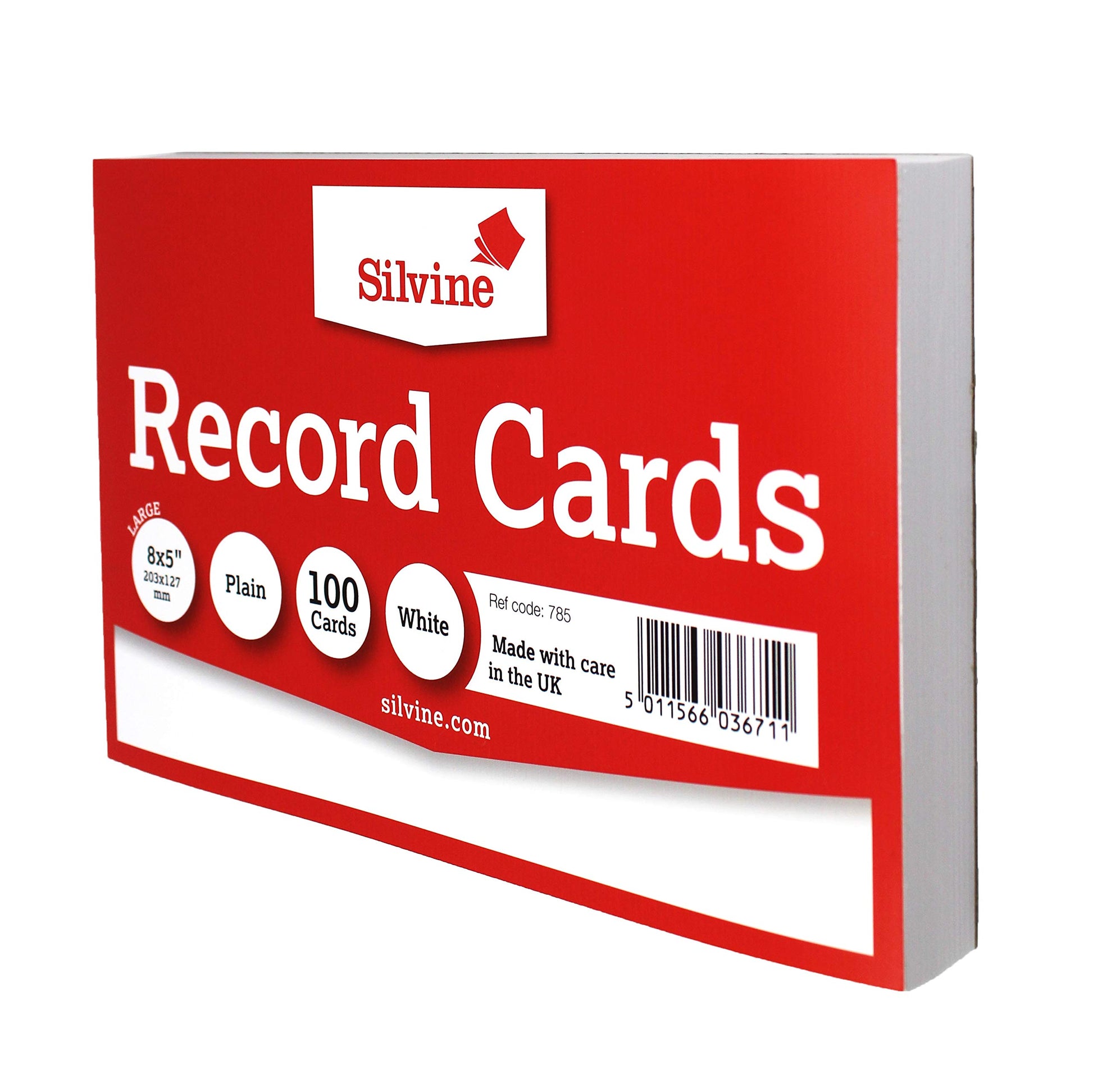 Silvine 8x5" White Record Cards - Plain, 100 cards per pack. Ref 785 (203 x 127mm)