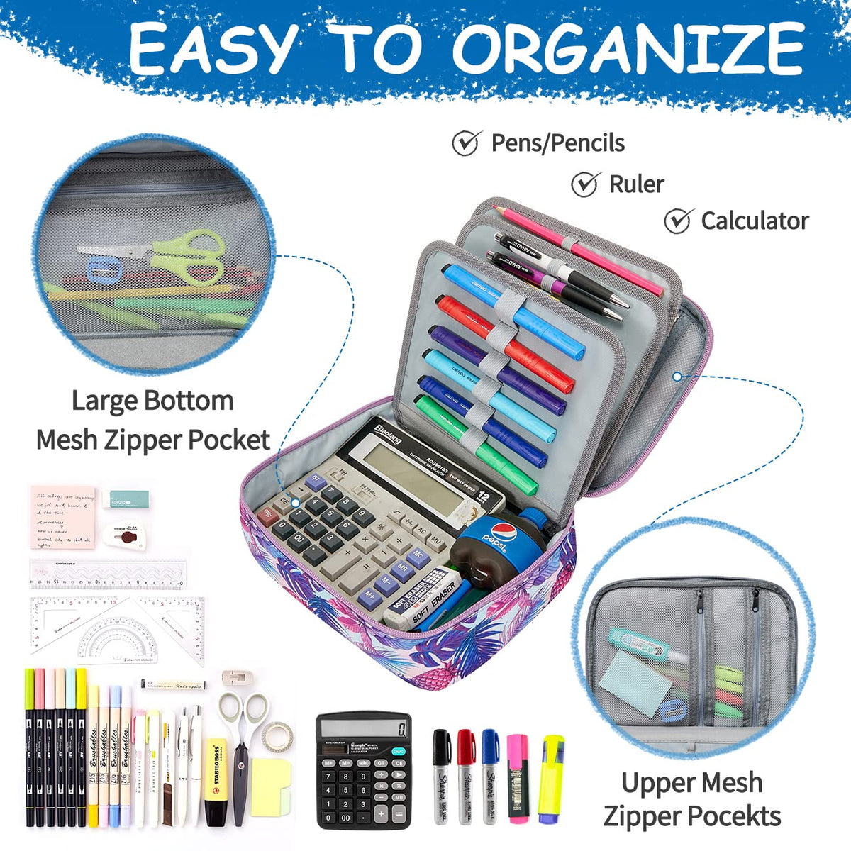 VASCHY Large Pencil Case Bag, Art Supply Marker Organizer Big Pen Pouch with Detachable Layers