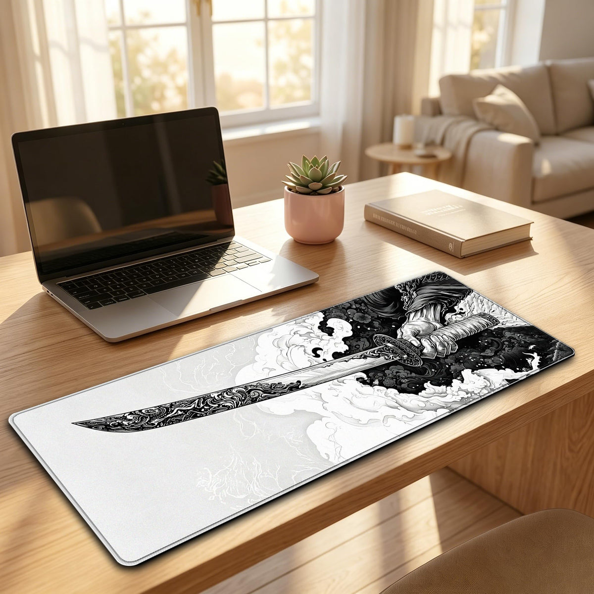 PEPYJAN Black and White Japanese Samurai Sword Game Mouse Pad, Extended Large Desktop Pad, Stitched