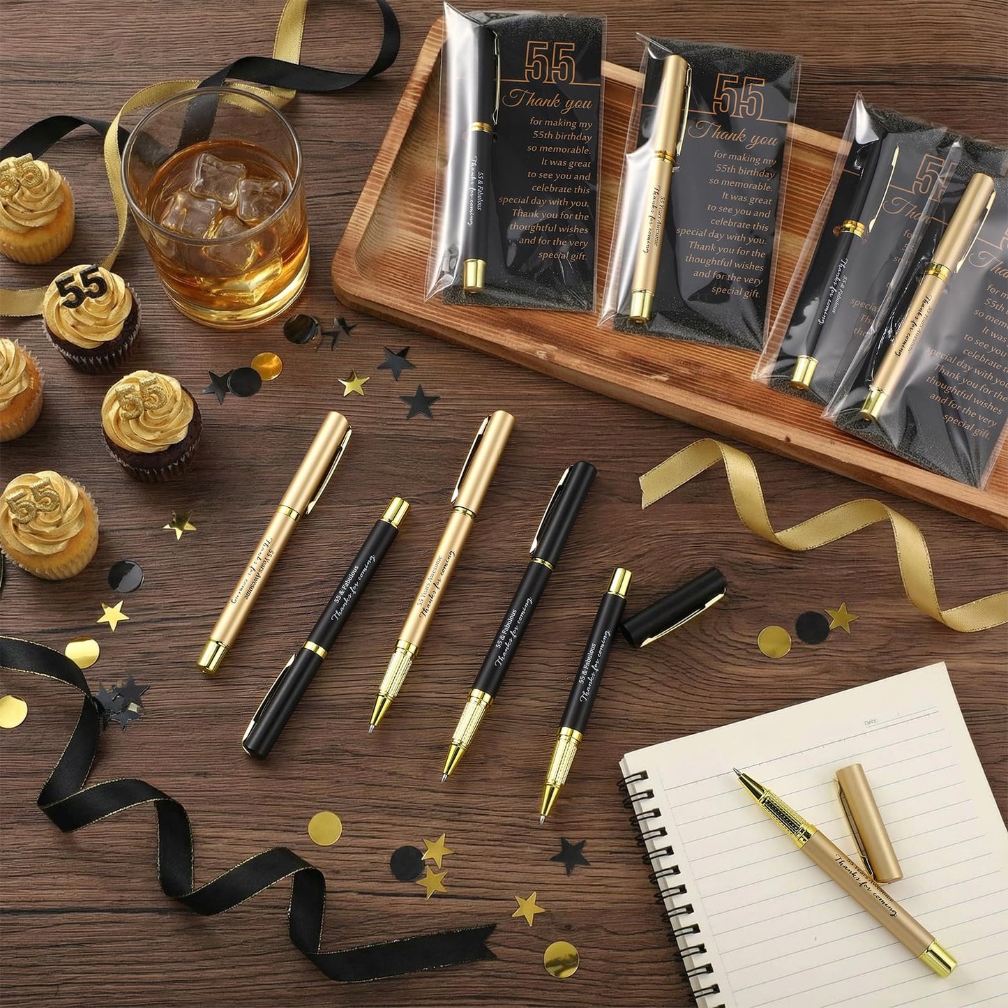 Feifeiya 50 Set 55th Birthday Favors with Black Gold Pens Cards