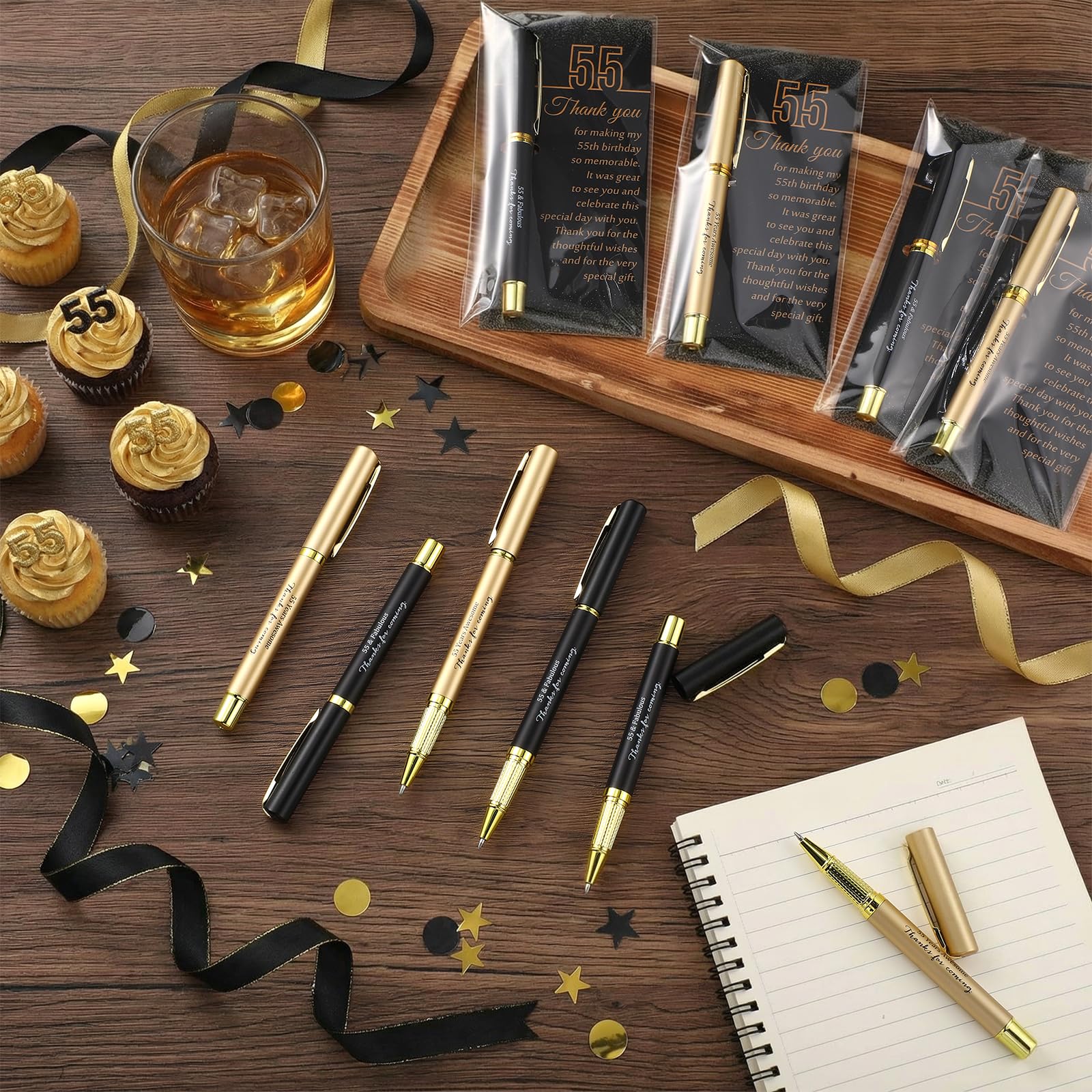 Feifeiya 50 Set 55th Birthday Favors with Black Gold Pens Cards