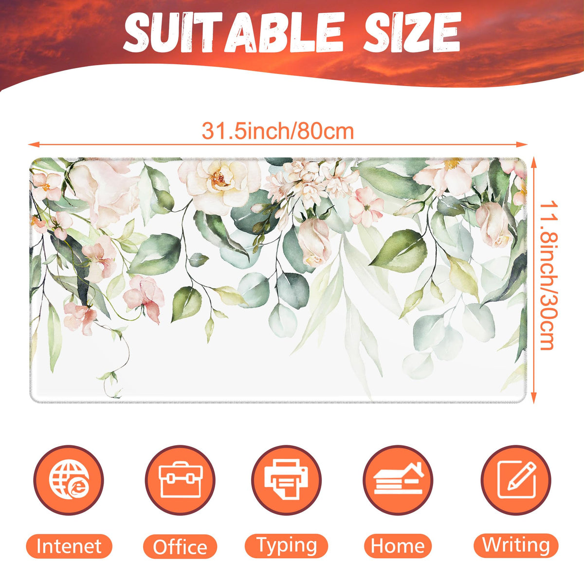 KOAIWPAE Desk Mat, Watercolor Pink Flowers Desk Pad, Green Leaves Flowers Large Gaming Mouse Pad