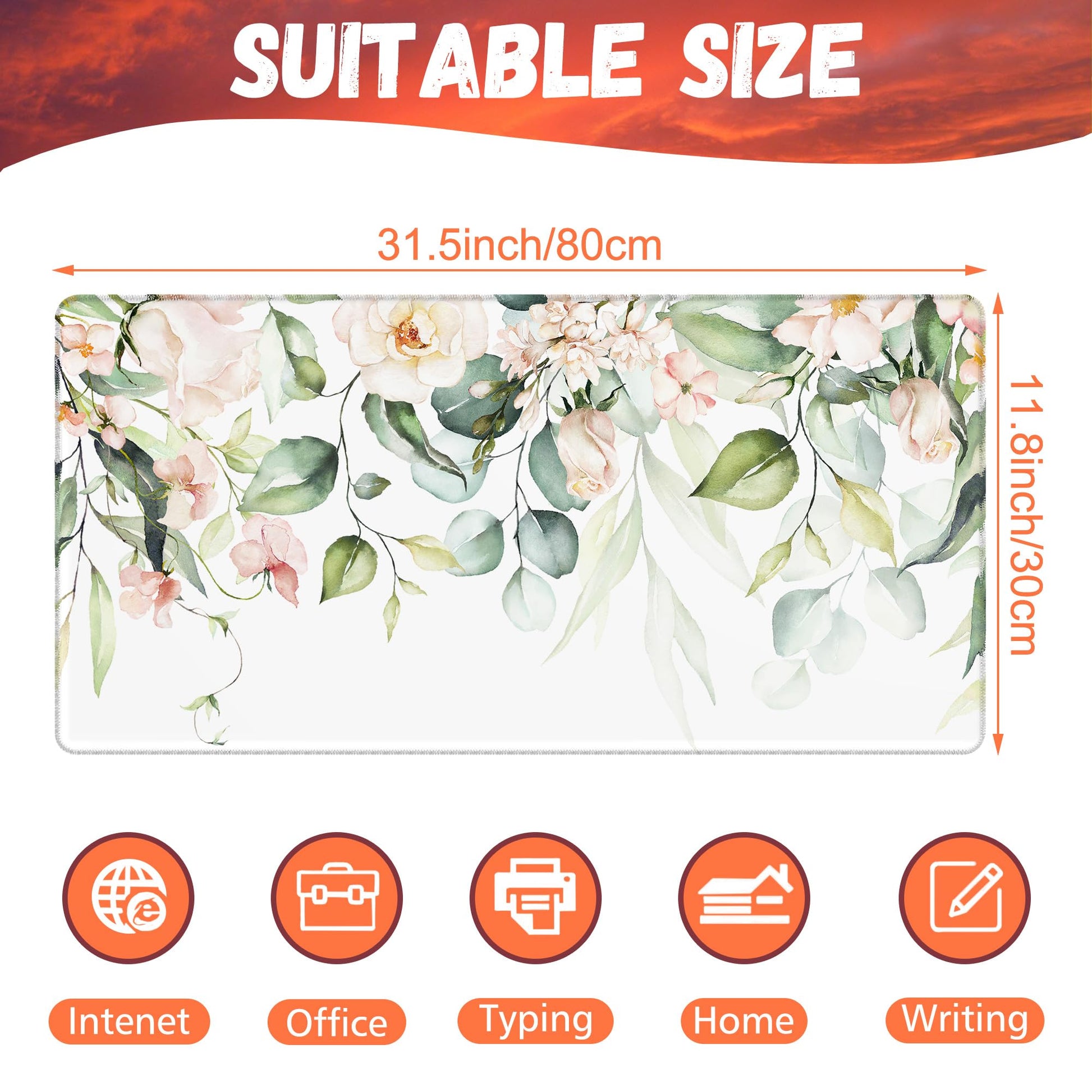 KOAIWPAE Desk Mat, Watercolor Pink Flowers Desk Pad, Green Leaves Flowers Large Gaming Mouse Pad