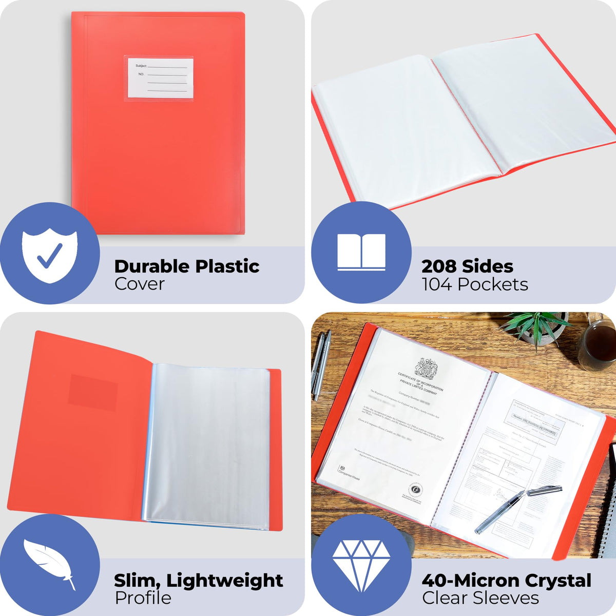 Arpan A4 104 Pockets 208/Sides Display Book Presentation Folder Flexible Cover Portfolio - Red