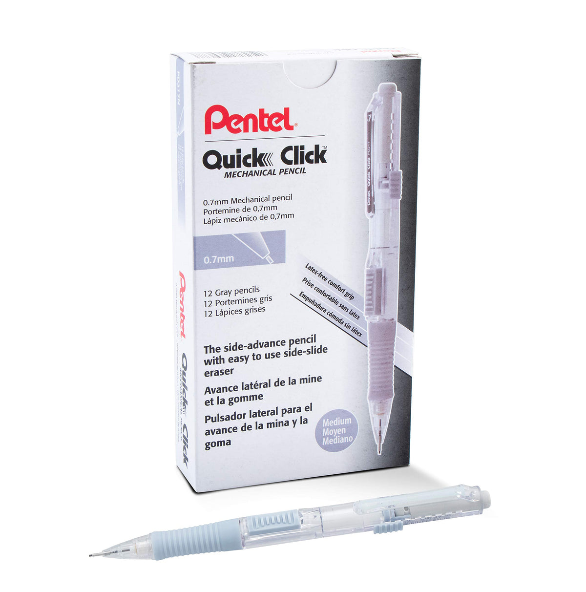 Pentel Quick Click Mechanical Pencil, (0.7mm), Medium, Gray Barrel, Box of 12 Pencils (PD217N)