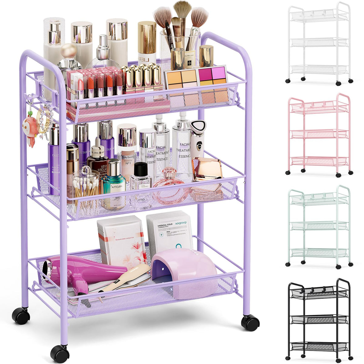 TOOLF 3 Tier Rolling Cart, Metal Utility Storage Cart with Wheels, Purple