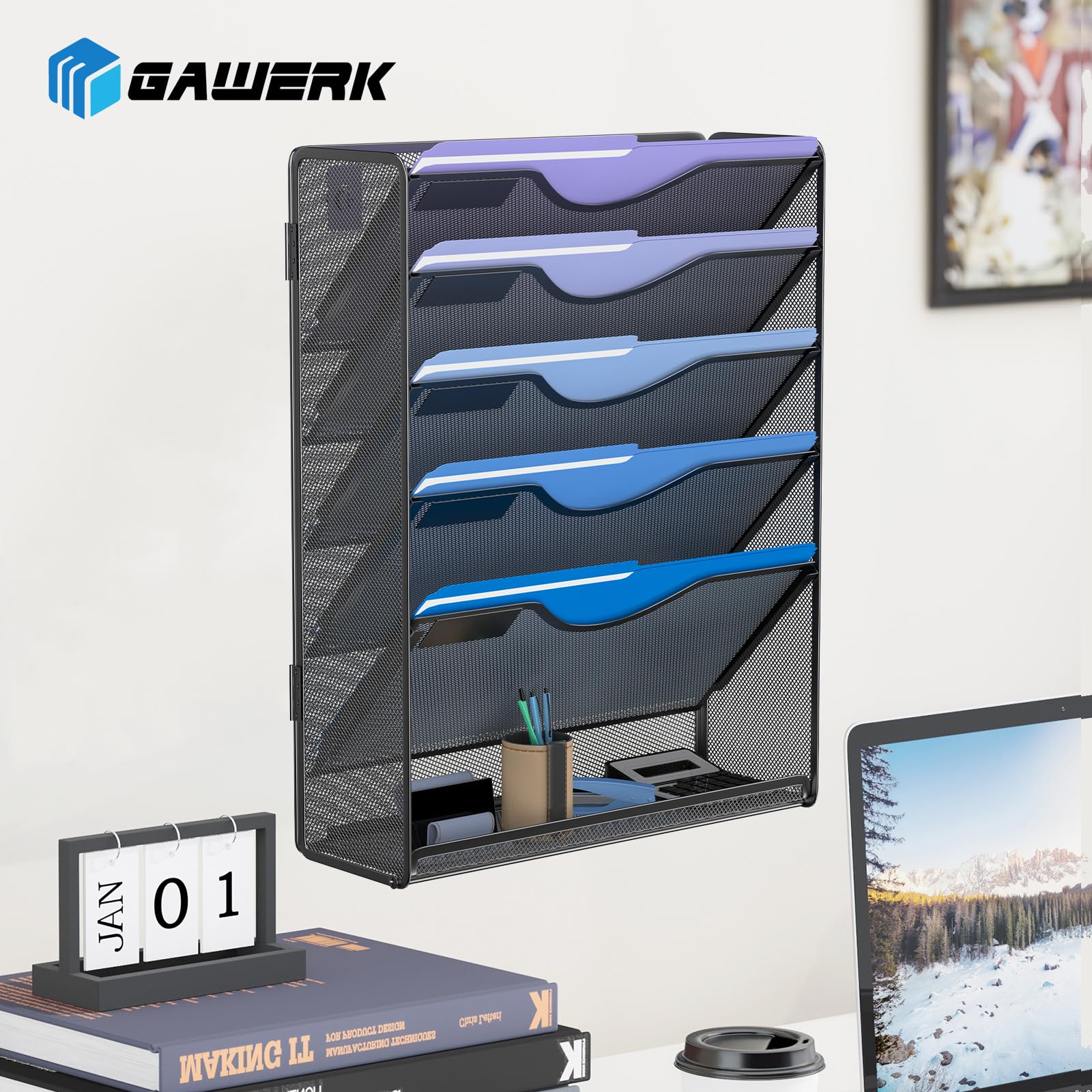 Gawerk 6 Tier Hanging File Organizer, Mesh Wall File Holder Paper Folder Rack with Bottom Flat Tray