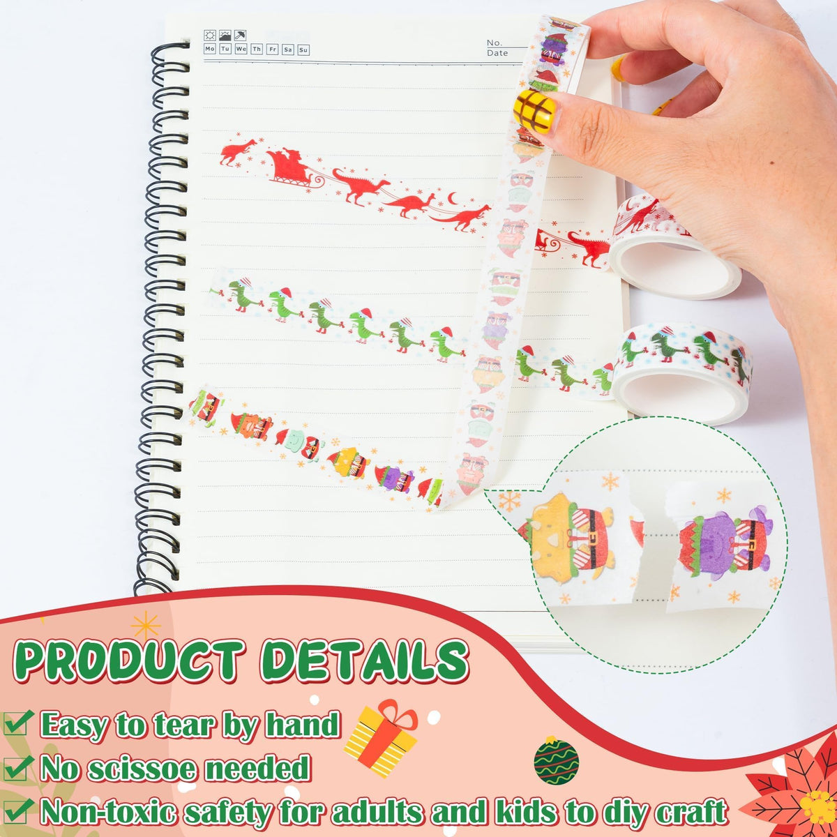 BkeeCten Christmas Dinosaur Washi Tape - 12 Rolls Dinosaur Footprints Christmas Trees Designs, Free