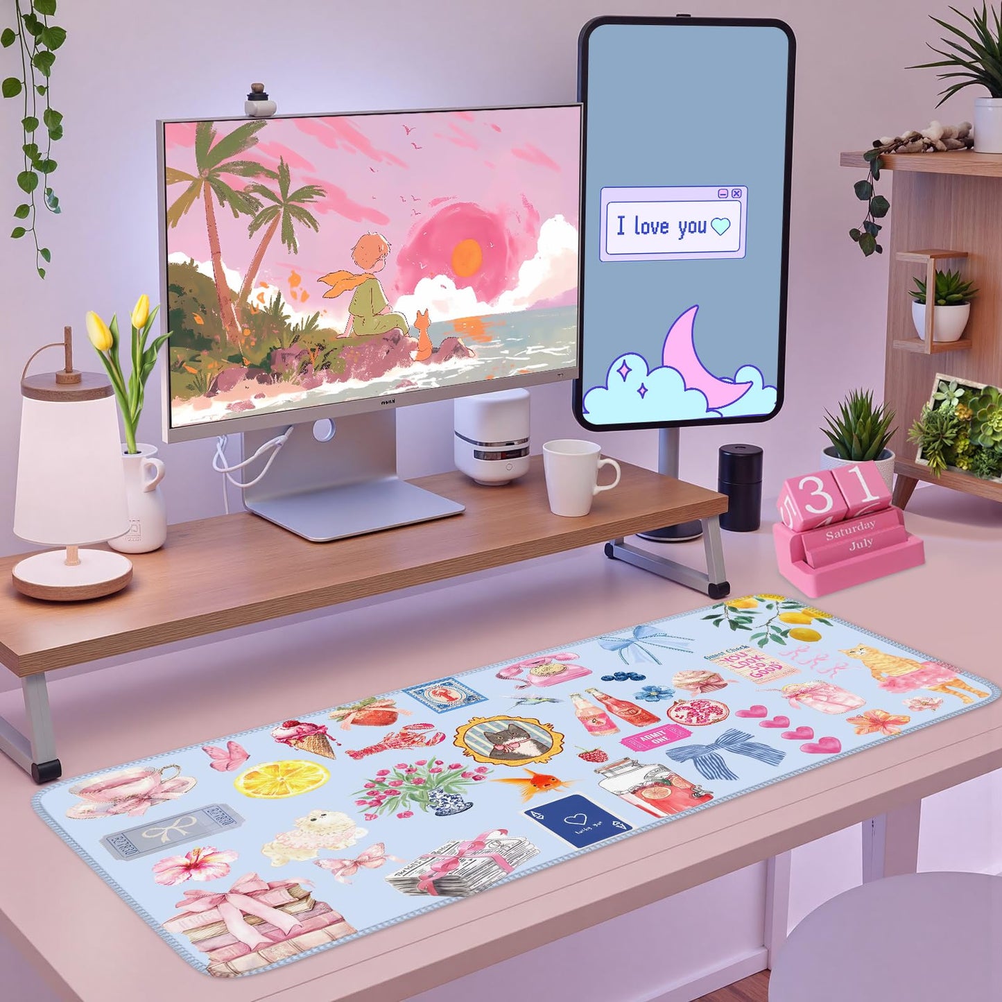 Cute Blue Desk Mat Kawaii Cat Mouse Pad Retro Vintage Large XXL Mousepad Computer Keyboard Laptop
