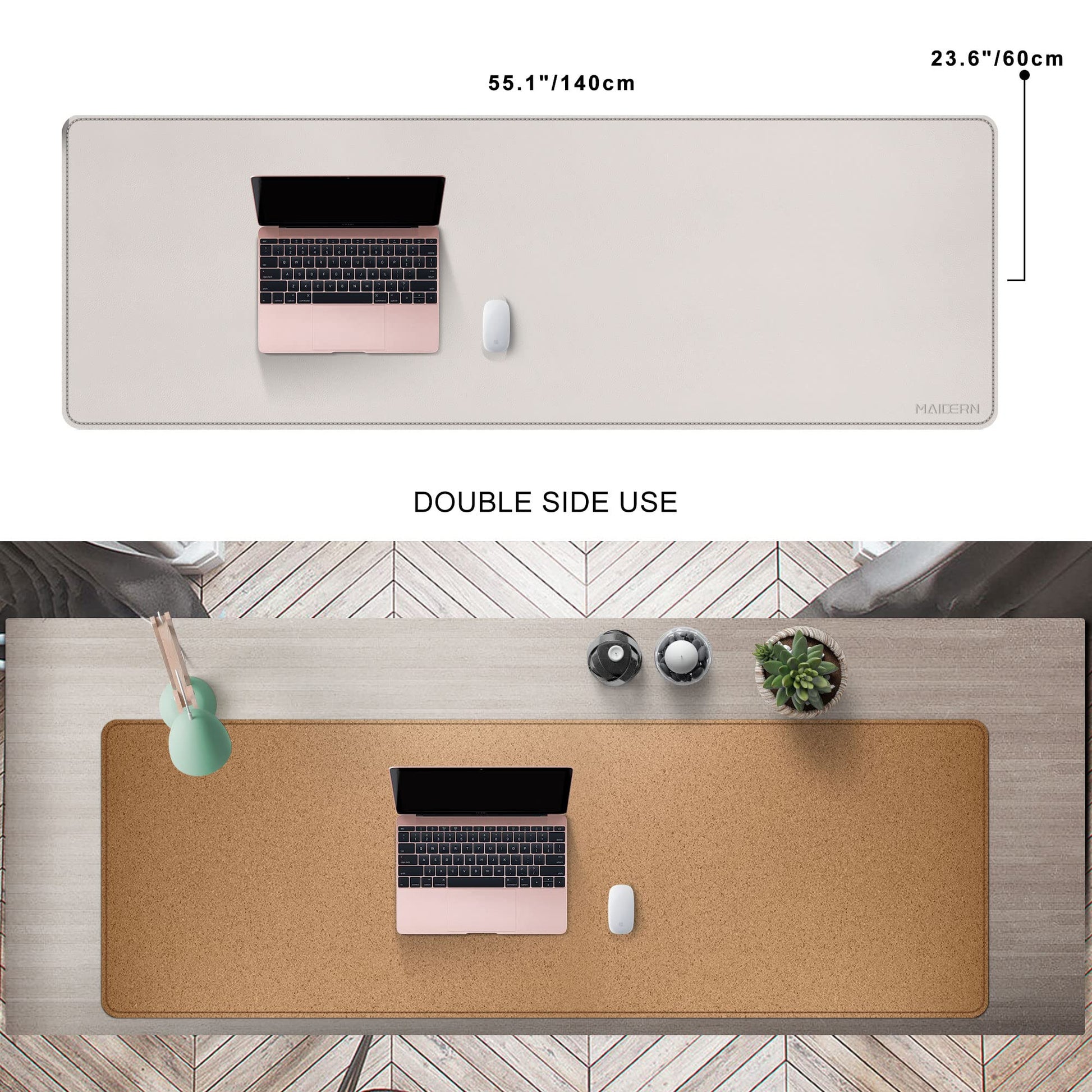 MAIDERN 55” x 24” Cork & Leather Desk Pad, Large XXL Desk Mat (Cream)