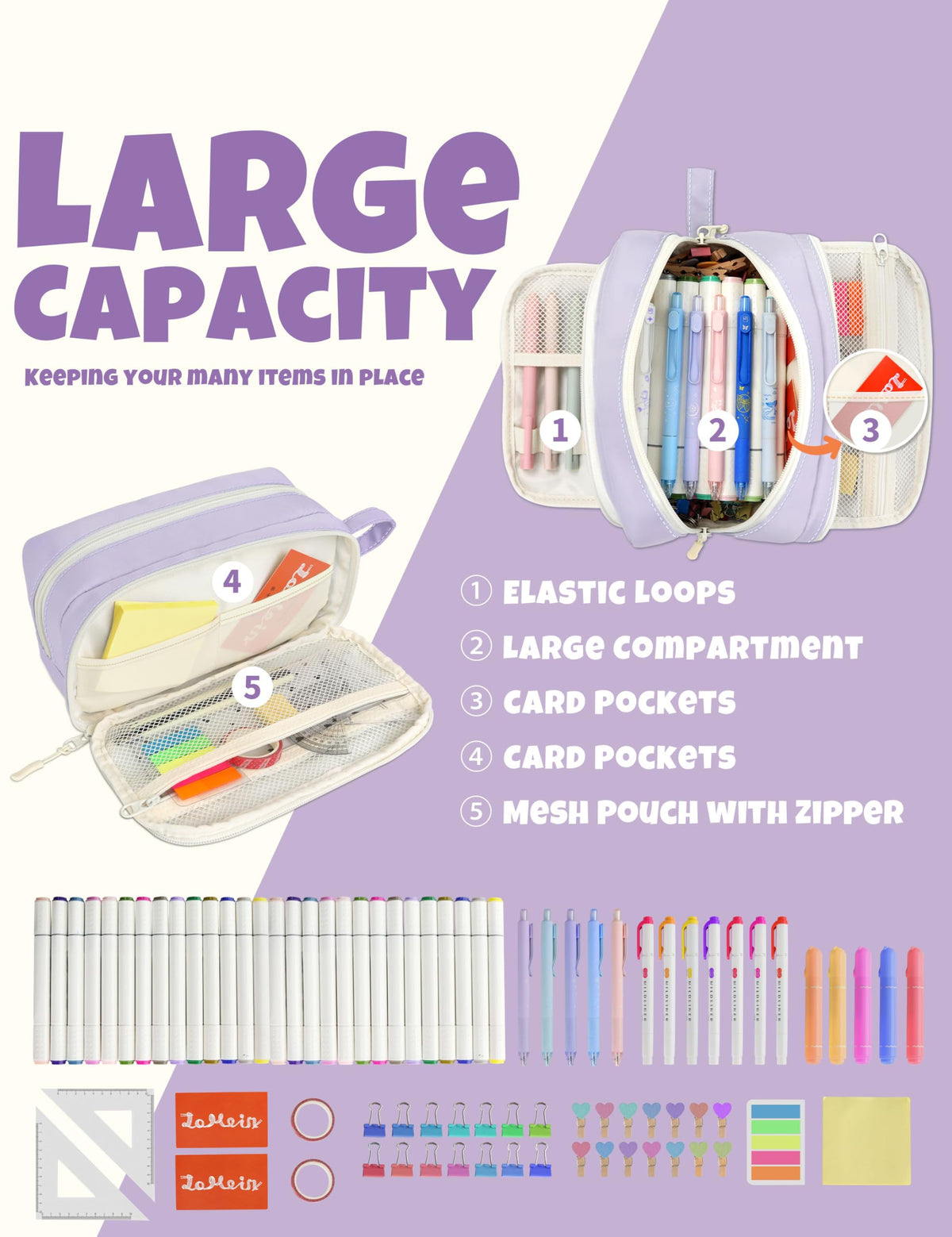 SUNEE Large Pencil Case, Big Capacity Pen Pouch with 3 Compartments, Kawaii Pencil Bag with Zipper