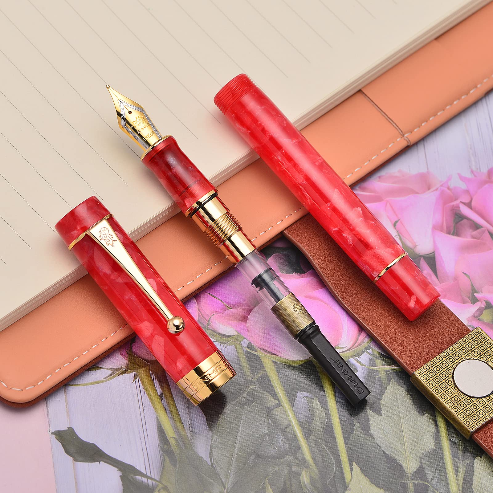 Jinhao 100 Classic Fountain Pen Red Marble Celluloid Gold Trim, Extra Fine Nib with Converter and