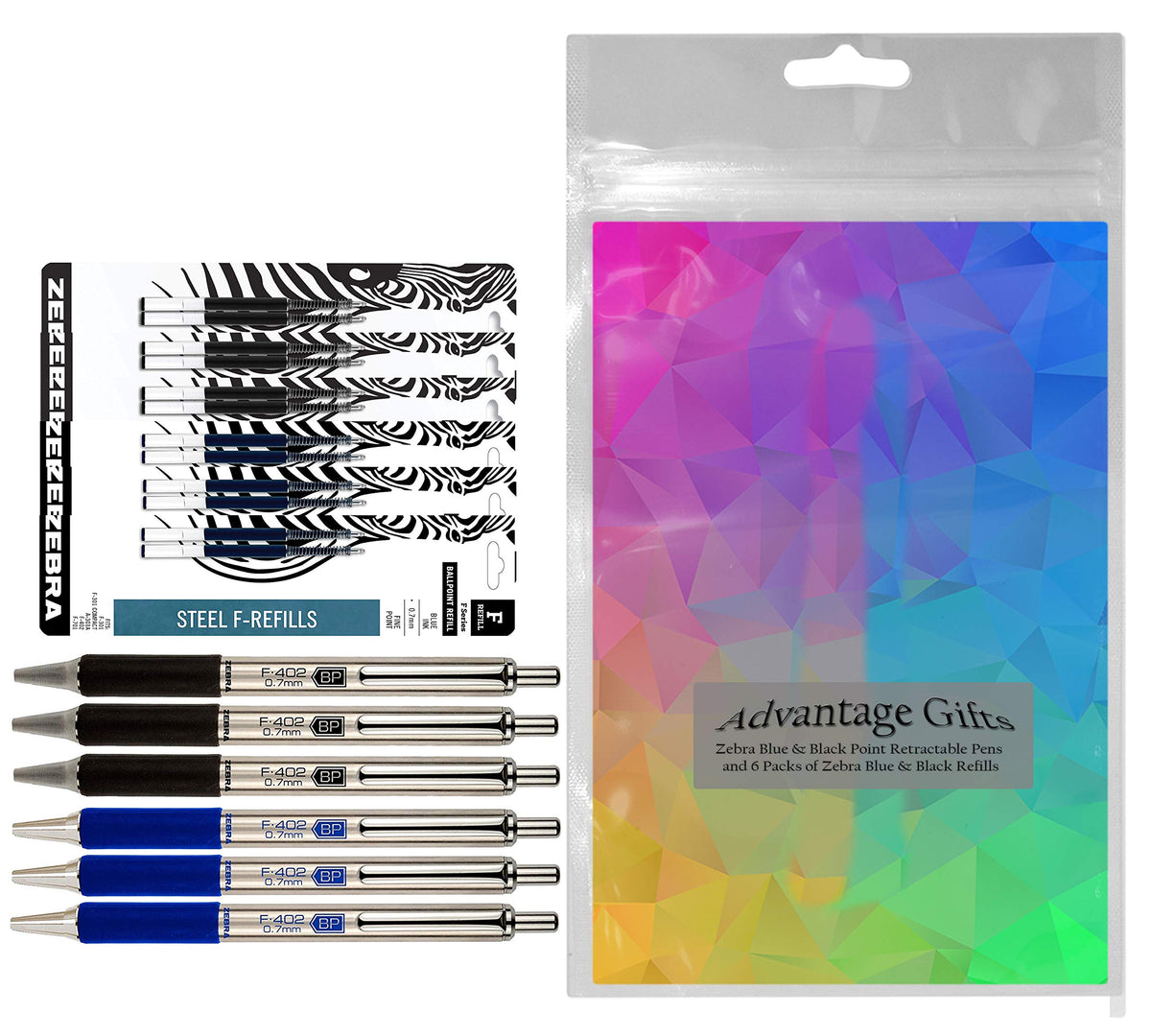 Zebra F-402 Ballpoint Stainless Steel Retractable Pens With Refills, Fine Point, 0.7mm, Black/Blue