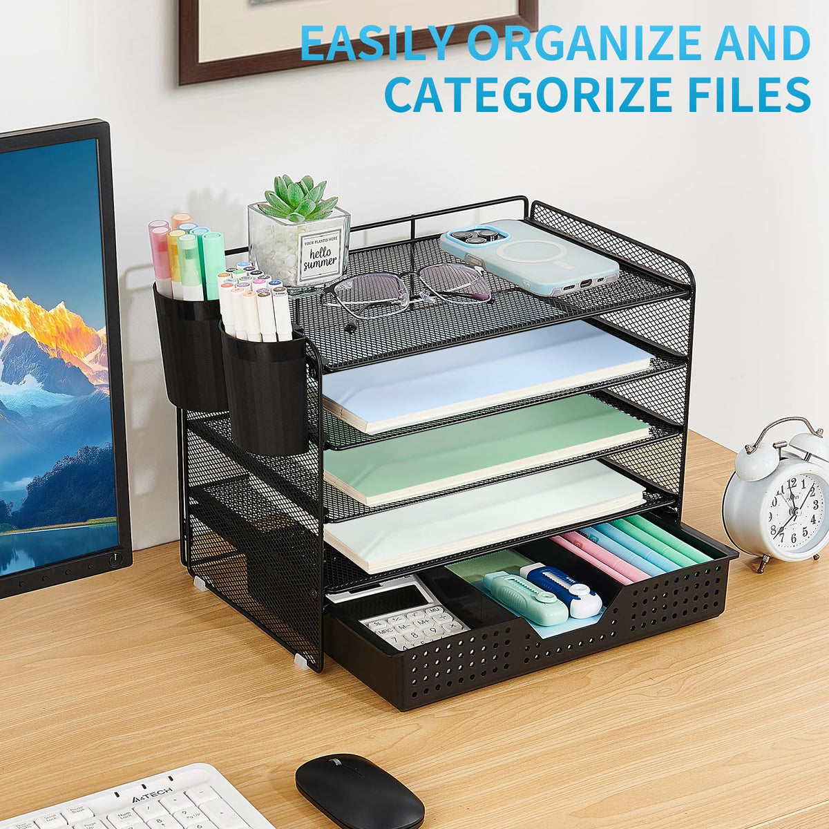 LEKETREE Desk Organizer and Accessories, 5-Tier Paper Letter Tray Organizer with Drawer & 2 Pen