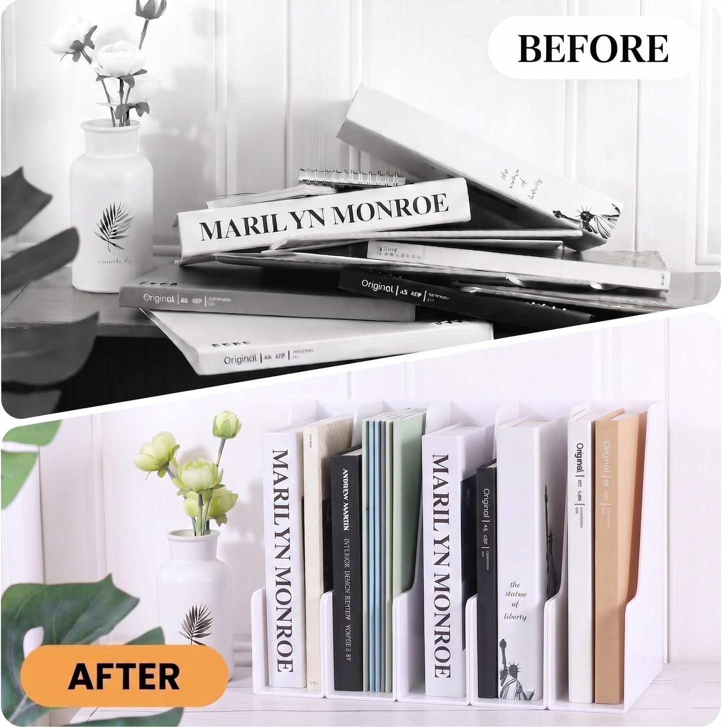 LALOBLUE White Vertical File Organizer, 4 Section Magazine Holder for Desk, Desktop File Folder