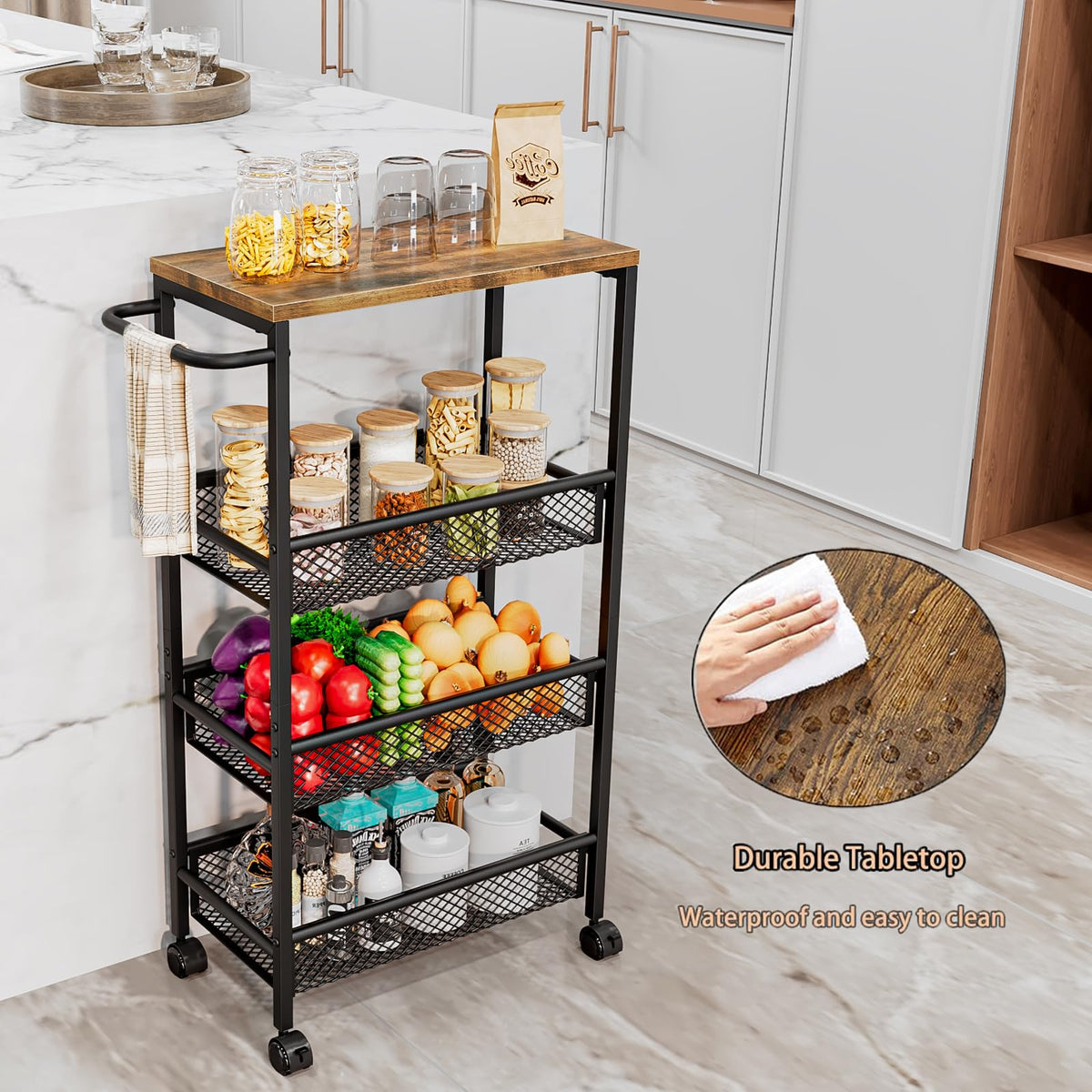 AZERPIAN Slim Rolling Cart 4 Tier Narrow Storage Cart on Wheels with Handle