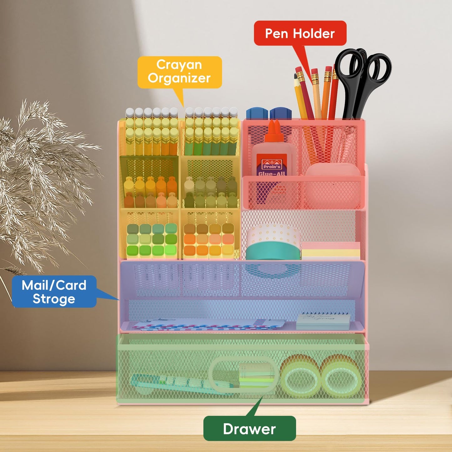 ReePlan Mesh Pen Organizer for Desk, 13 Compartments with Drawer, Pink