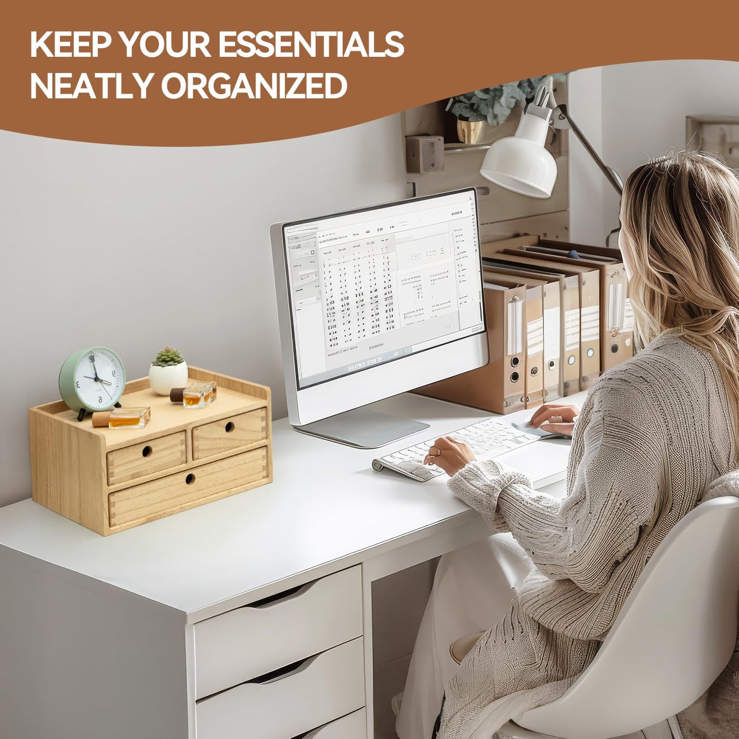 KIRIGEN Wooden Desk Organizer with 3 Drawers and Top Tray Natural DT2D3C-NA