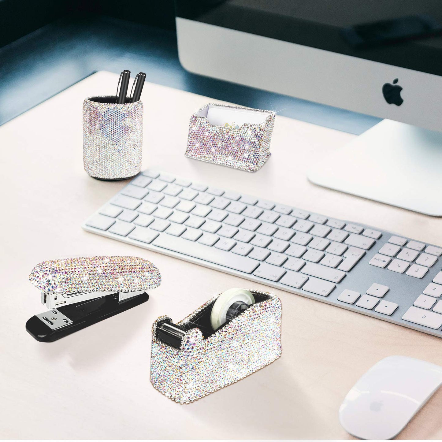 Bling Crystal Luxury Handmade Diamond Round Pencil Pen Pot Holder & Stapler & Card Holder & Desktop
