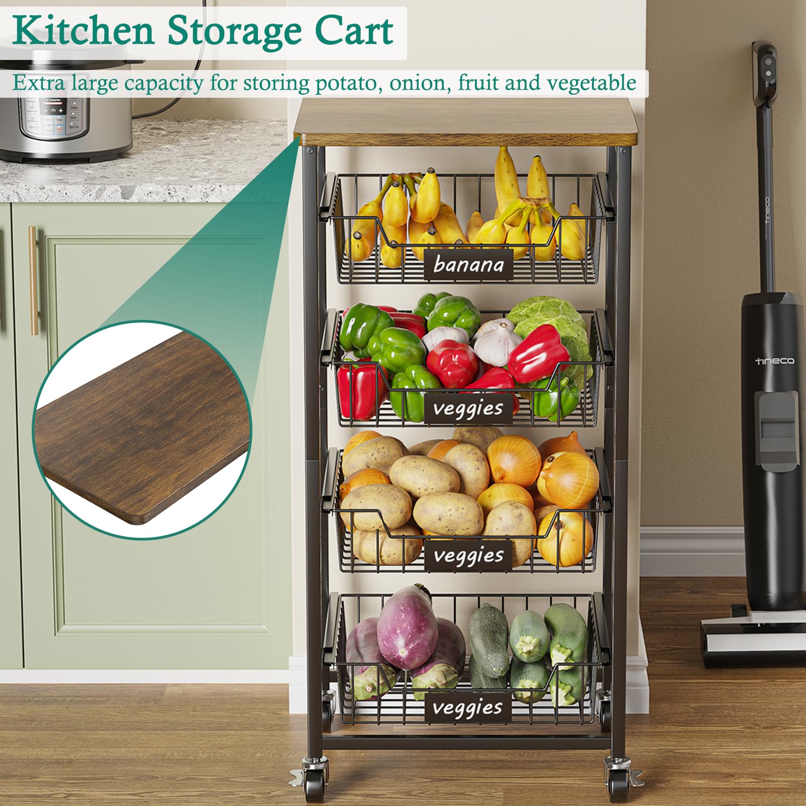XYZLVSI Kitchen Storage Cart on Wheels, 5 Tier Fruit Vegetable Basket Rack