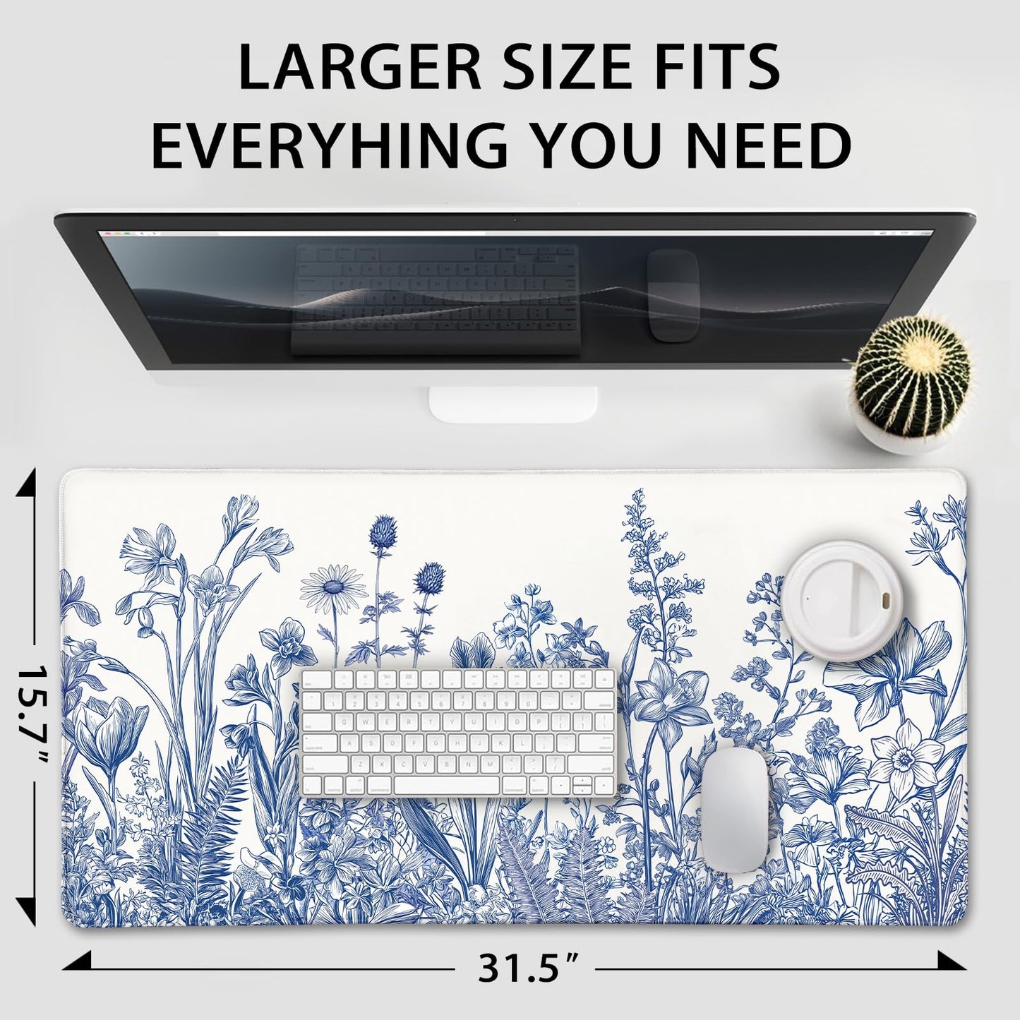 Mcapirivo Large Gaming Mouse Pad Desk Mat 31.5"x15.7" Non Slip Blue Floral