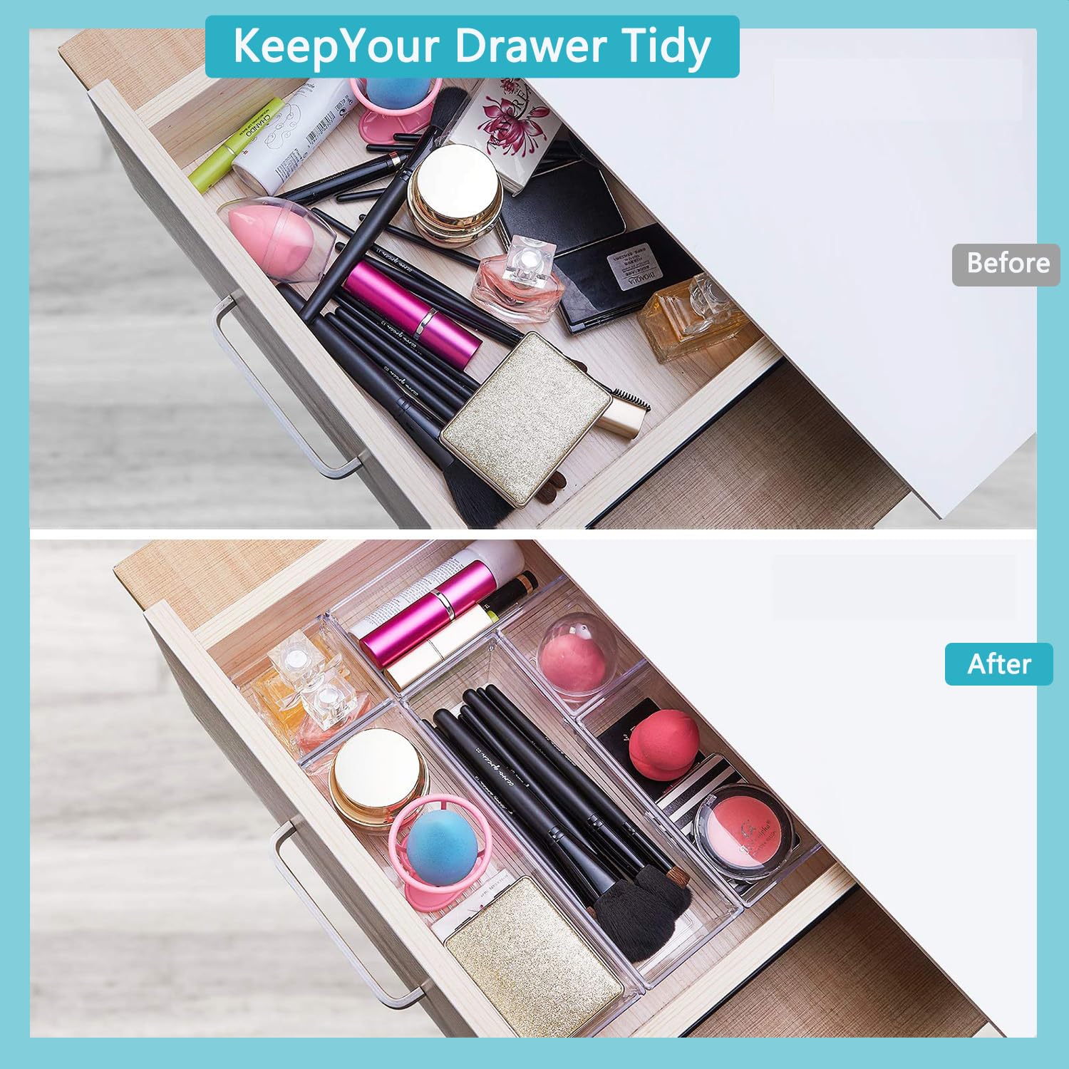 DCA 44 PCS Clear Drawer Organizer Set, 4 Sizes Vanity Trays