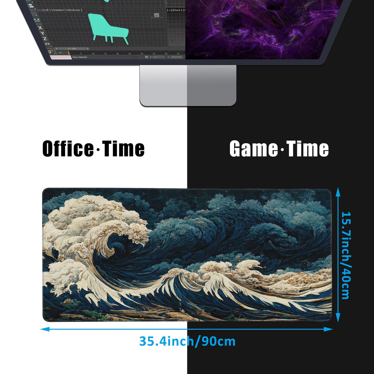 EOBKLAX Japanese Ocean Waves Large Gaming Mouse Pad,Waterproof Desk Mat for Desktop,Non-Slip Rubber