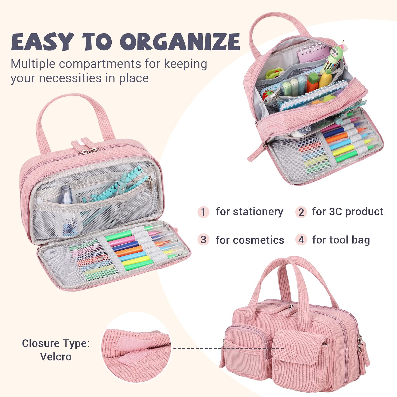 QIXIHU Pencil Case Corduroy Multiple Compartments Pouch Bag for Girl, Pink