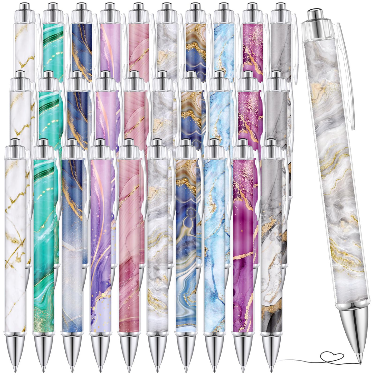 TecUnite 30 Pcs Marble Ballpoint Pens for Women 1.00 mm Cute Black Ink Fancy Pens Fine Point Smooth