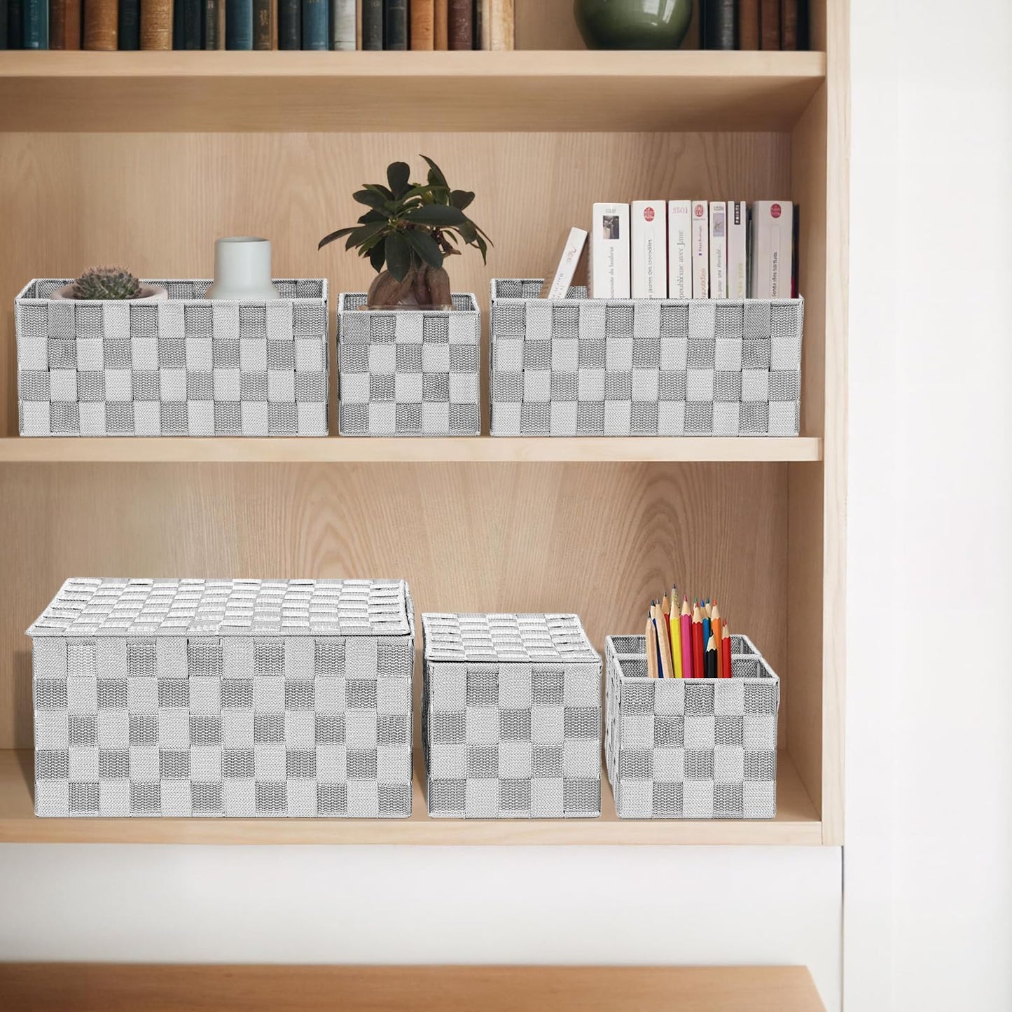 ArcaGuru Woven Polypropylene Basket Set of 8, Woven Storage Basket, Woven Strap Baskets, Woven