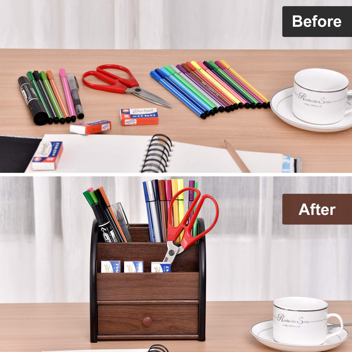Siveit Wooden Desktop Organizer with Drawer, Multifunctional Office Supply Storage - Remote Control