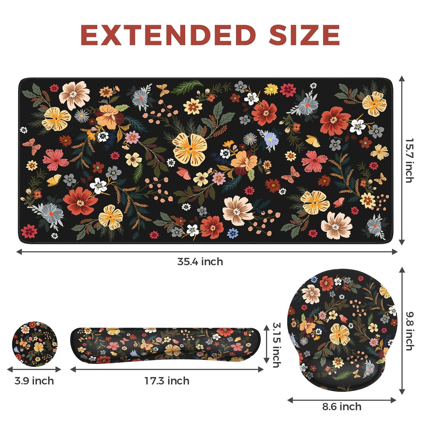 iCasso Desk Cover Mat, 4in1 Floral Large Mouse Pad with Wrist Rest