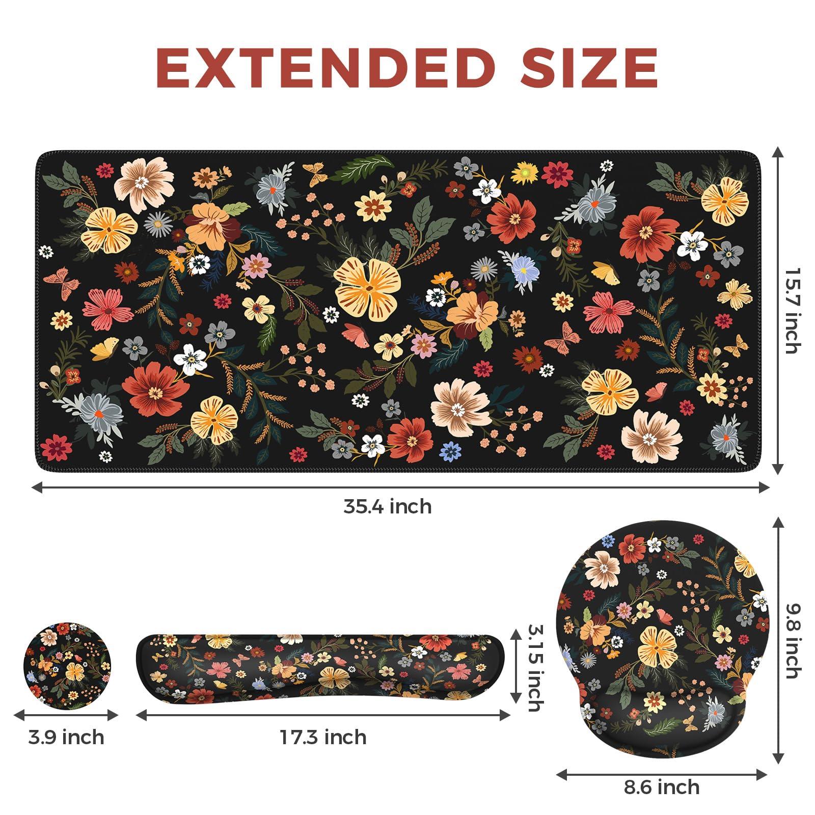 iCasso Desk Cover Mat, 4in1 Floral Large Mouse Pad with Wrist Rest