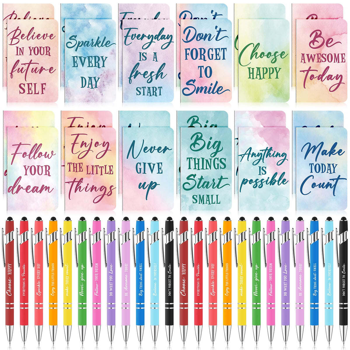 48 Pcs Watercolor Bulk Motivational Pens Inspirational Notepads Set