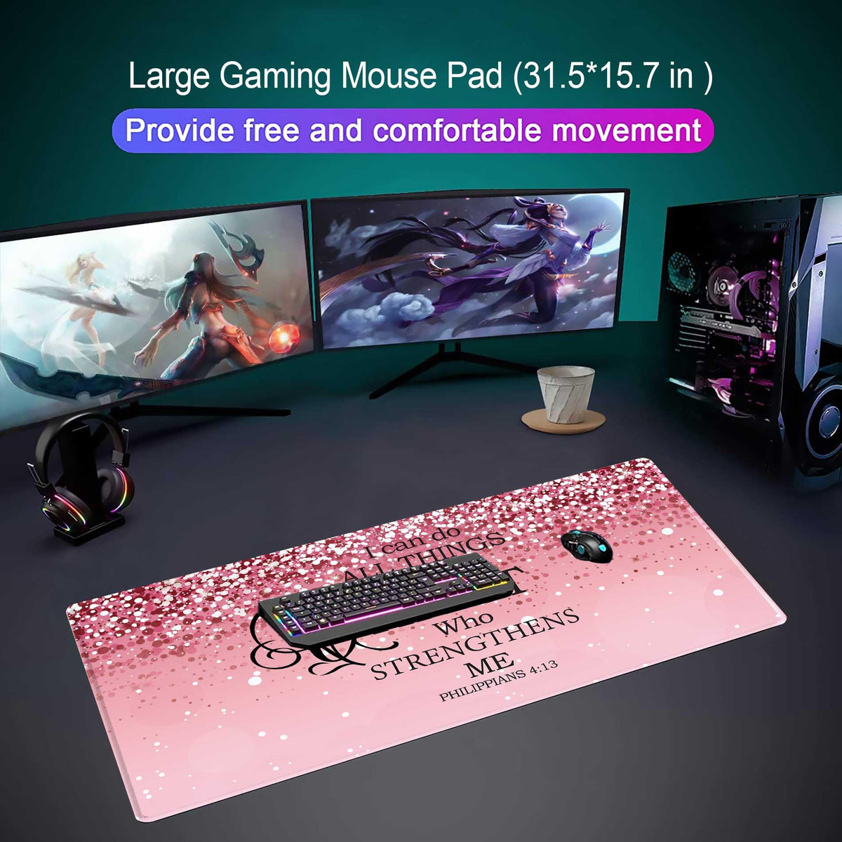 Large Desk Mat Extended Mouse Pad, Pink Cute Mousepad Desk Pad,Waterproof Durable Non-Slip Rubber