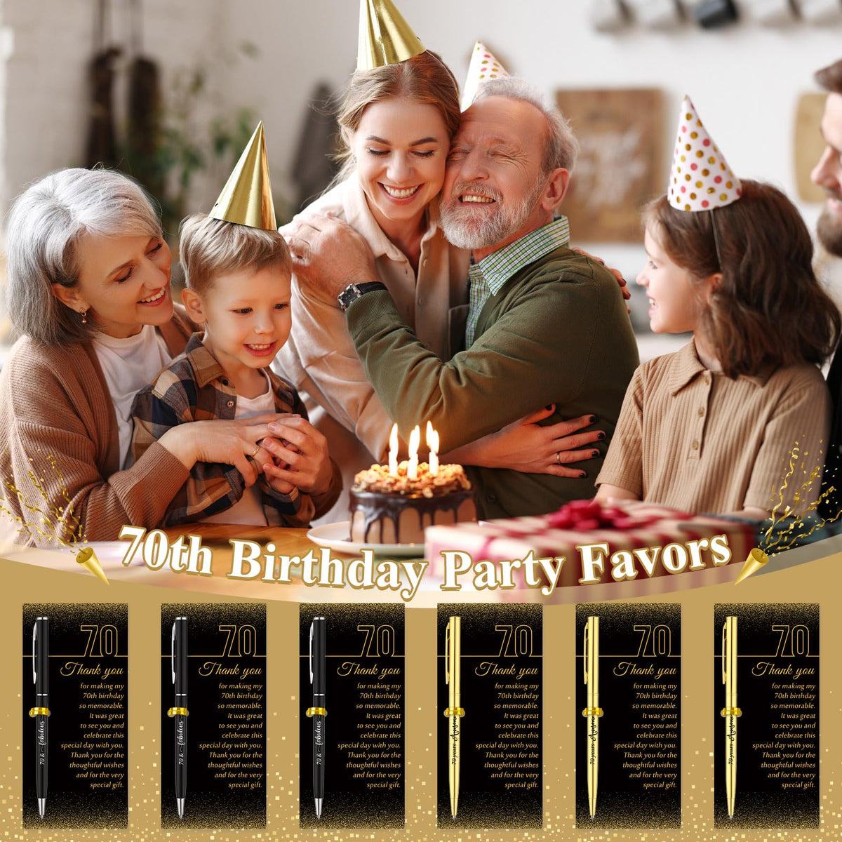 Feifeiya 50 Sets 70th Birthday Party Favors with Black Gold Pens Thank Card