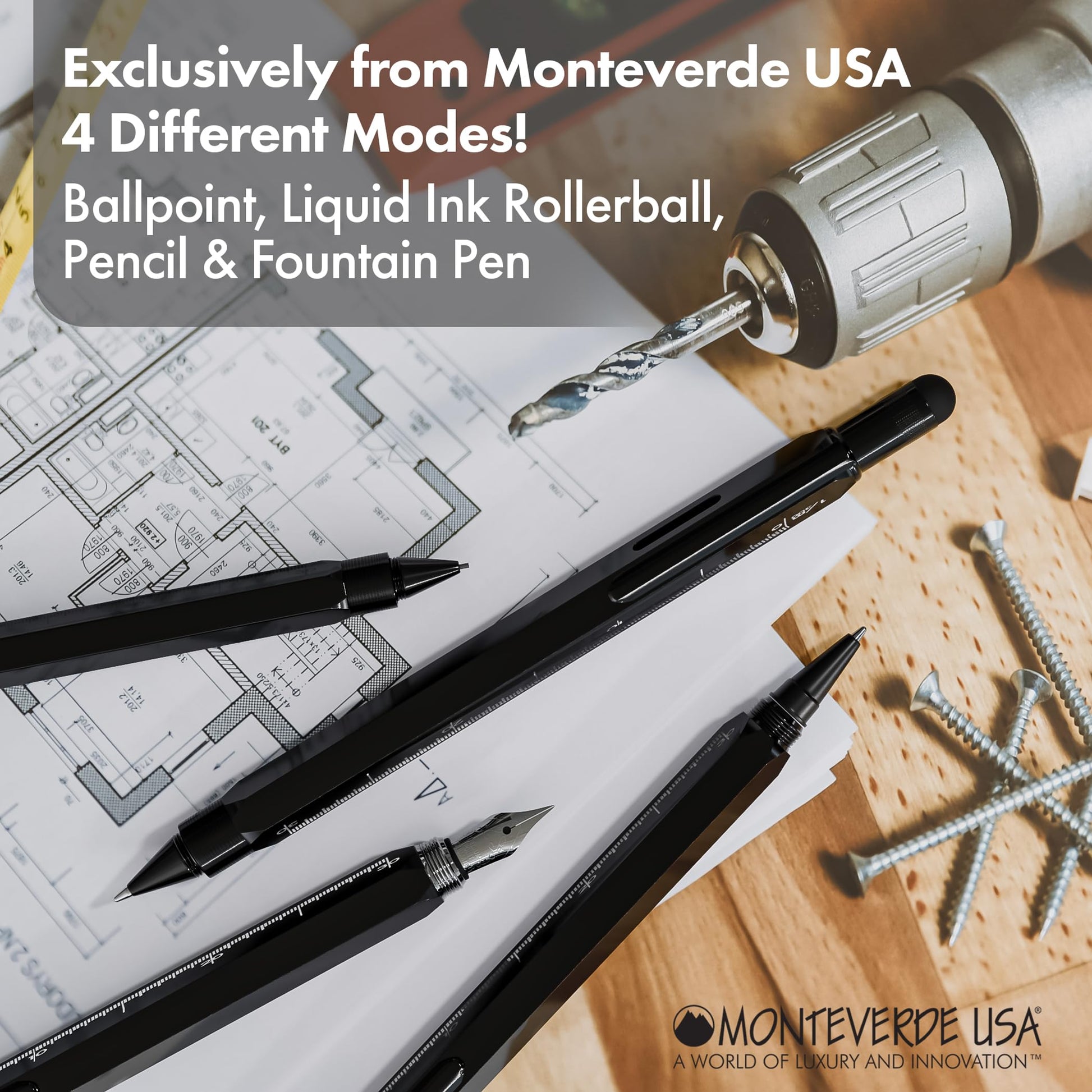 Monteverde USA 9-in-1 Tool Ballpoint Pen in Black – Multifunctional Pen with Stylus, Screwdrivers