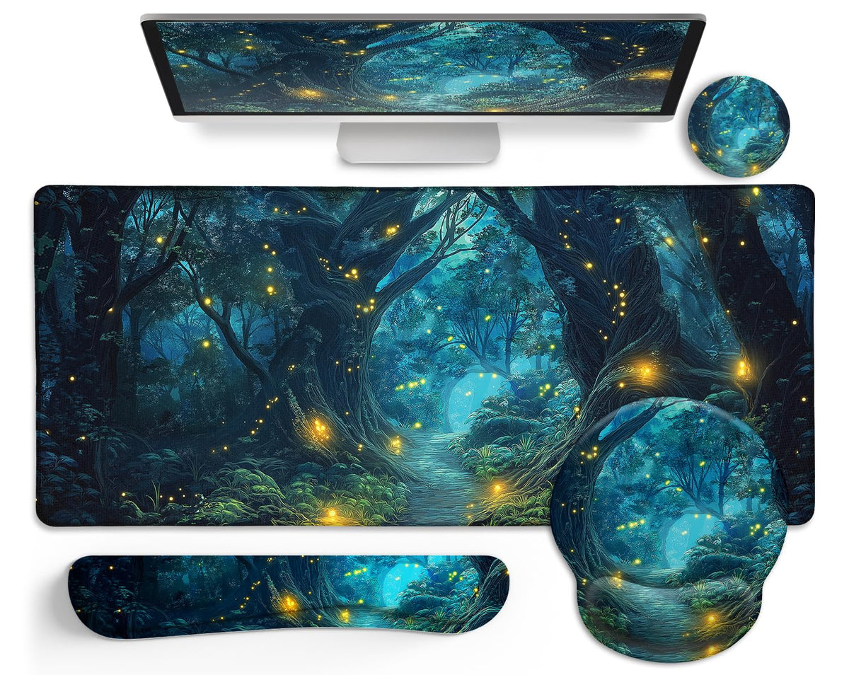 LIMKRIAN Mouse Pad with Wrist Rest, Firefly Forest Computer Desk Mat Set
