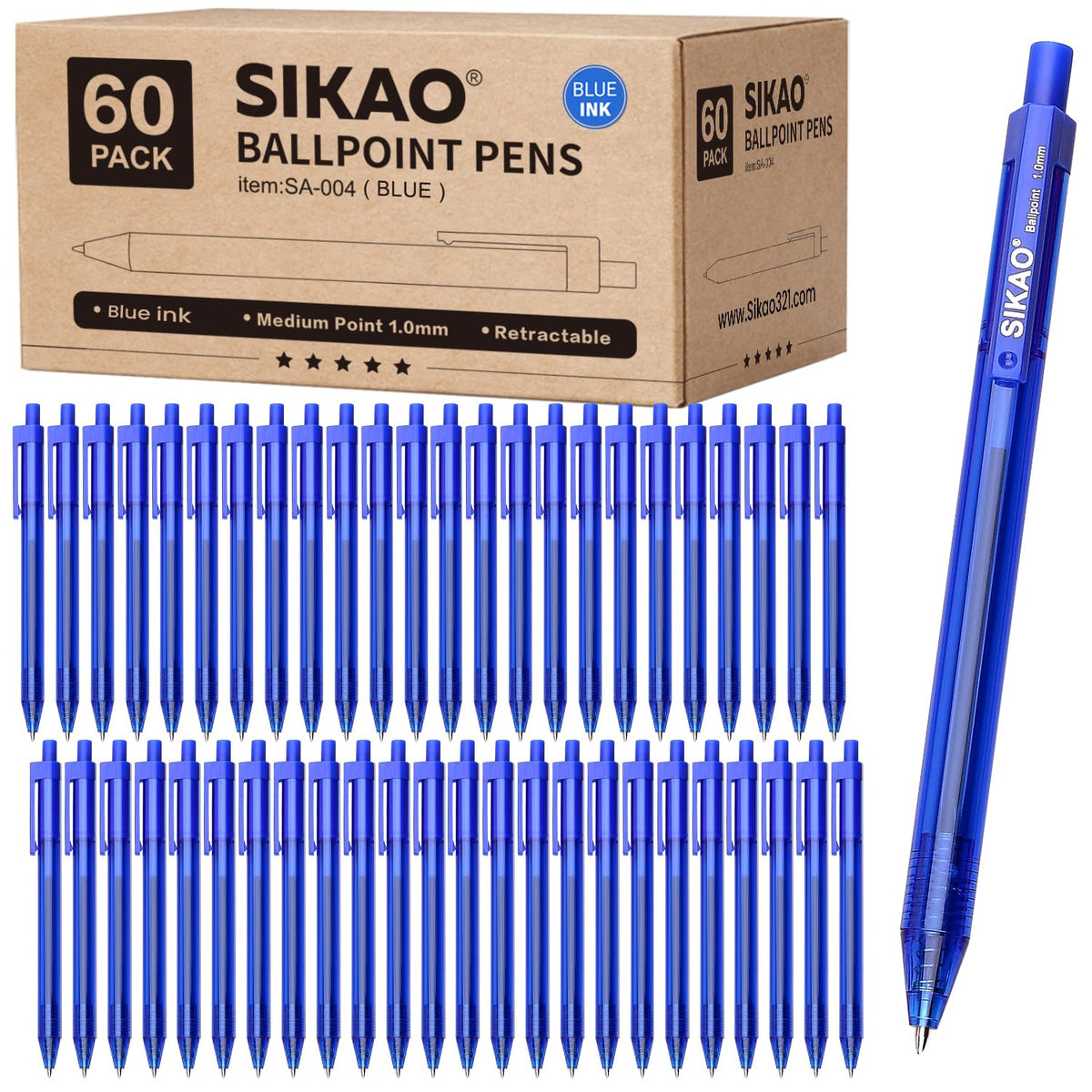 Sikao Blue Pens Bulk, 60 Pack Retractable Ballpoint Pens Blue Ink