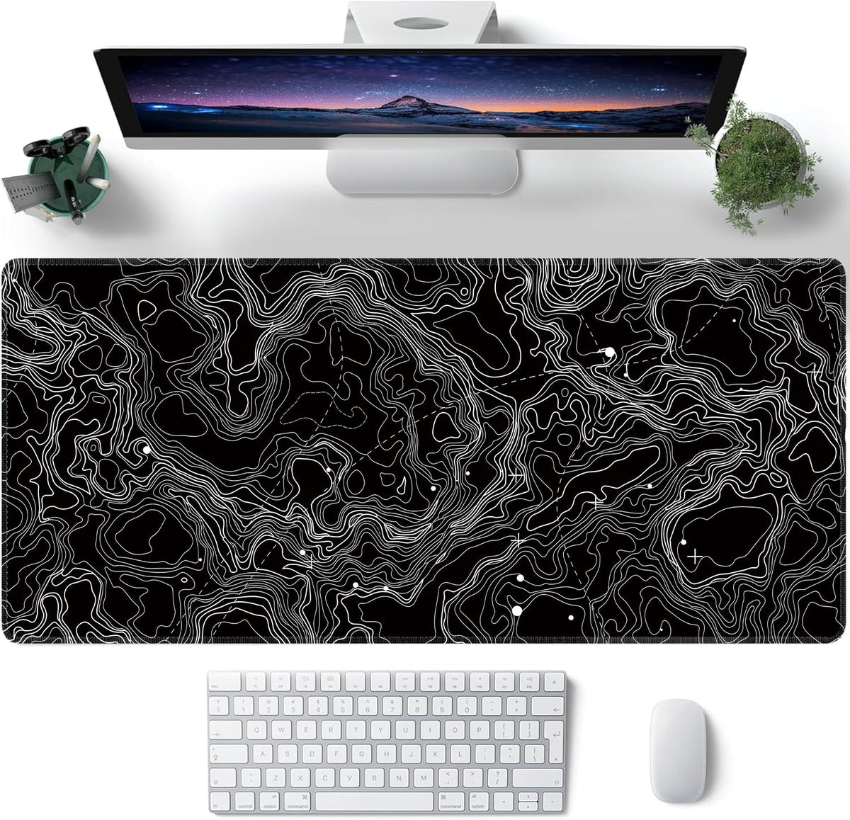 Black with White Topographic Line Large Mouse Pad,Gaming Keyboard Desk Pad,Extended Mouse Mat