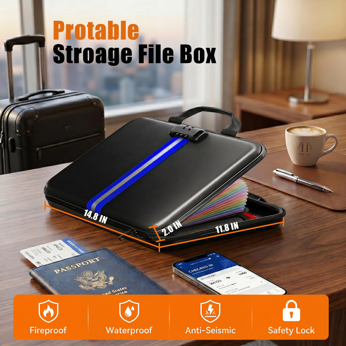 IPYIPY Fireproof Document Organizer with Lock, Semi-Rigid EVA Shell File Box with 13-Pocket