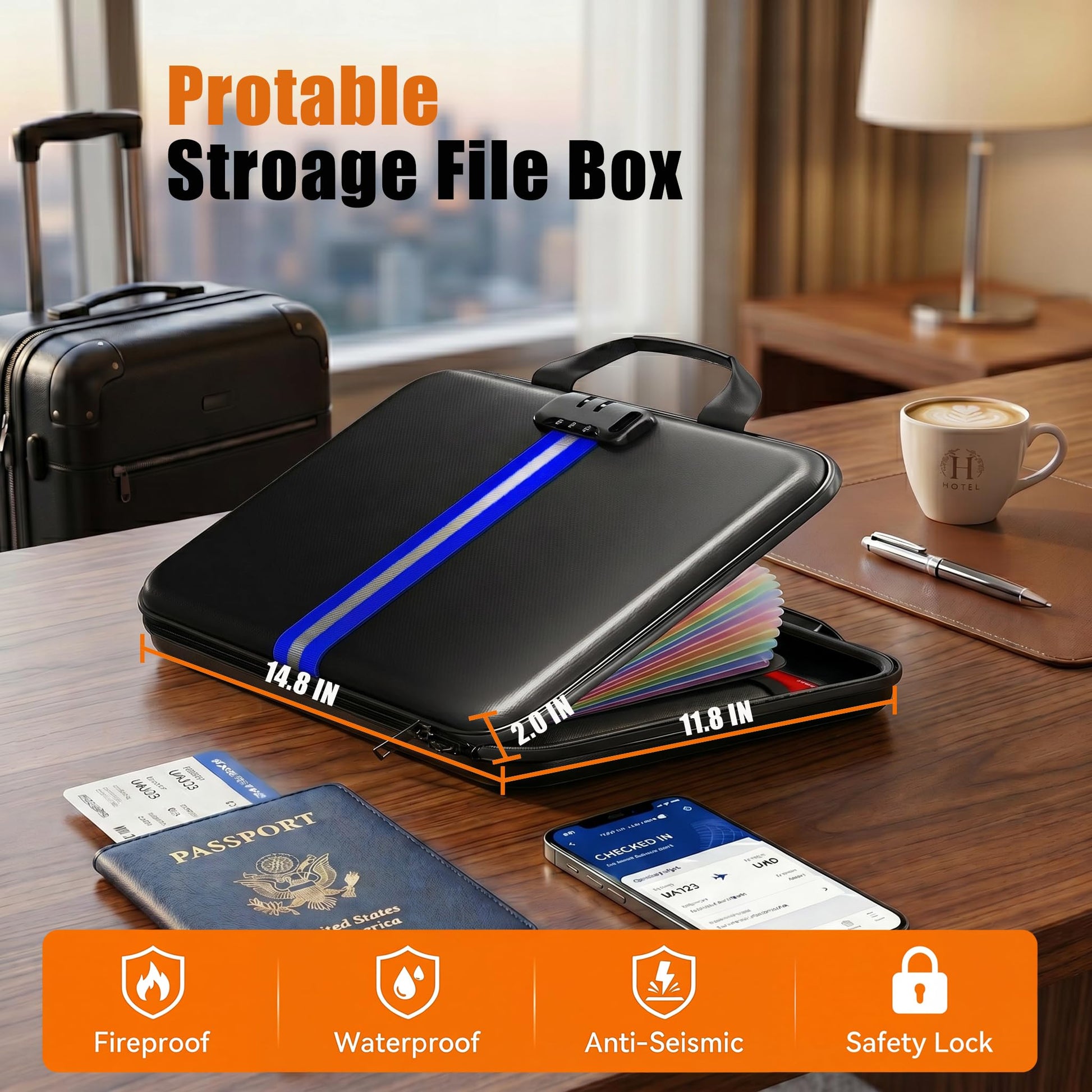 IPYIPY Fireproof Document Organizer with Lock, Semi-Rigid EVA Shell File Box with 13-Pocket