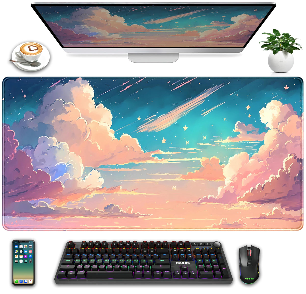Cool Pink Desk Mat Pastel Clouds Large XXL Gaming Mouse Pad Non-Slip Rubber Base Mousepad, Office